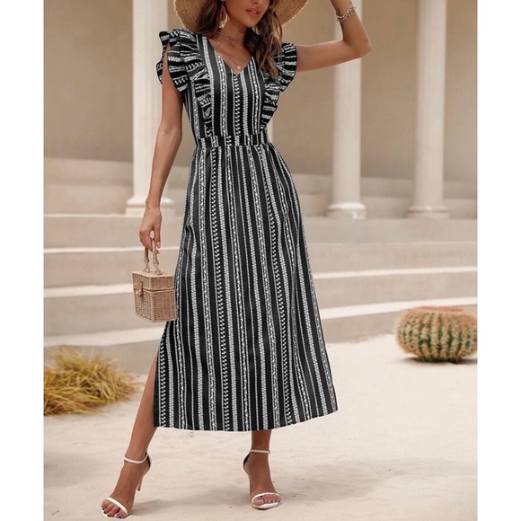 Samina Allover Print Butterfly Sleeve Tie Back Split Thigh Dress